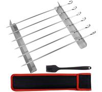GXFCING Stainless Steel Kebab Skewers and Rack Set, 6 Premium SUS304 BBQ Grilling Skewers with Skewer Holder, Oil Brush & Storage Bag, Reusable Barbecue Tool for BBQ Parties, Meat, Vegetables