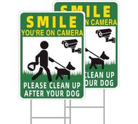GXGGUS Pick Up After Your Dog Sign, 2-Pack 13"x10" Double-Sided H-Stake Metal Stakes Smile Your on Camera Signs, No Pooping Dog Signs for Yard, Please Clean Up After Your Dog Sign