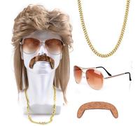 Gxhong Men's Wig 80s Outfit Accessories Set Men's Wig with Sunglasses Necklace False Beard Mullet Wig Men's Blonde for Fancy Dress Halloween Cosplay 80s Wig Set