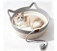 GXHYSW Handwoven Cotton Rope Cat Basket Bed - Round Kitten Bed with Toy Ball