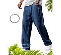 GXJIXf Mens Hemp Pants, Casual Lightweight Linen Pants, Embroidered Logo Drawstring Loose Elastic Waist Pocket Trousers (Navy Blue,M)