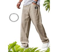 GXJIXf Mens Hemp Pants, Casual Lightweight Linen Pants, Embroidered Logo Drawstring Loose Elastic Waist Pocket Trousers (Khaki,M)