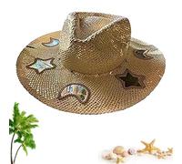 GXJIXf Suncatcher Cowgirl Straw Prism Hat, Hand-Woven Wide Shapeable Brim Beach Hat Women, with Iridescent Moon & Star Accents & Hearts, UV Protection (Khaki)
