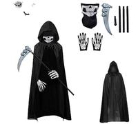 Gxlaihly Grim Reaper Costume, Adult Halloween Cape with Hood, with Skull Mask, Scythe, Skeleton Gloves, Grim Reaper Cape for Halloween, Cosplay, Carnival (Child A)
