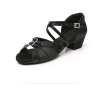 GXMDSGZ Child Dance Shoes For Girls Women Leather Satin Ballroom Latin Ladies Kids Modern Tango Salsa Sandals Low Heel(Satin Black,FR37-23cm)