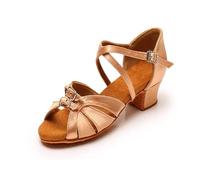 GXMDSGZ Child Dance Shoes For Girls Women Leather Satin Ballroom Latin Ladies Kids Modern Tango Salsa Sandals Low Heel(Satin Light Brown,FR37-23cm)