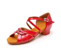 GXMDSGZ Child Dance Shoes For Girls Women Leather Satin Ballroom Latin Ladies Kids Modern Tango Salsa Sandals Low Heel(PU red,FR37-23cm)