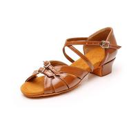 GXMDSGZ Child Dance Shoes For Girls Women Leather Satin Ballroom Latin Ladies Kids Modern Tango Salsa Sandals Low Heel(PU Brown,FR37-23cm)
