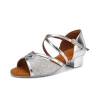 GXMDSGZ Children's Latin Dance Shoes Indoor Soft Sole Square Heel Satin Sequined Woman Cha Samba Tango Sandals(Silver S 3.5cm,28)