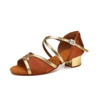 GXMDSGZ Children's Latin Dance Shoes Indoor Soft Sole Square Heel Satin Sequined Woman Cha Samba Tango Sandals(Brown S 3.5cm,34)