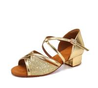 GXMDSGZ Children's Latin Dance Shoes Indoor Soft Sole Square Heel Satin Sequined Woman Cha Samba Tango Sandals(Gold S 3.5cm,30)