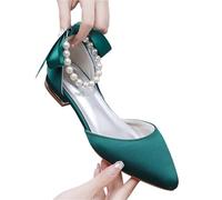 GXMDSGZ Womens Wedding Shoes Crystal Pearl Strapping High-heeled Shoes Square Heel Pointed Hollow Women Sandals Flat For Parties(Green,43)