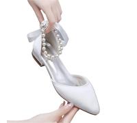 GXMDSGZ Womens Wedding Shoes Crystal Pearl Strapping High-heeled Shoes Square Heel Pointed Hollow Women Sandals Flat For Parties(Beige,39)