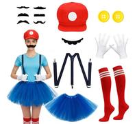 GxouQcn Mario Costume, Costume Accessory, 13 Pcs Super Brother Costume Include Hat Mustache Gloves Suspenders Buttons Sock Skirt, for Boy Girl Halloween Cosplay Costume Christmas Decorations (Red)