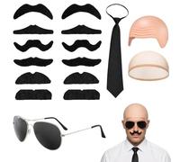GxouQcn Pitbull Costume, Halloween Costumes, 16 PCS Adult Bald Caps Set with Hair Nets and Sunglasses, Moustaches, Bald Cap and Tie, Mr Worldwide Costume for Halloween, Cosplay and Theme Party