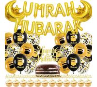 GxouQcn Umrah Mubarak Banner, Umrah Mubarak Decoration, 42 Pcs Ramadan Decoration Set for Home and Mosque, Includes Balloons and Banners for Umrah and Eid Celebrations