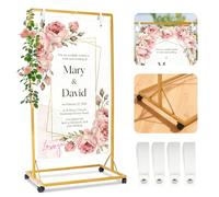 Gxpjycfob Wedding Welcome Sign Stand, Adjustable Wedding Sign Holder with Wheels, Metal Gold Easel Stand with 4X Leather Hanging Straps for Seating Charts, Poster Display, Party and Graduation Decor