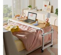 GXQFC Overbed Table with Extendable Top, Mobile Laptop Desk Adjustable Height 65-95CM & Length 115-210CM Mobile Over The Bed and Recliner Table for Work Gaming Breakfast Applying Makeup(Color:Wood)