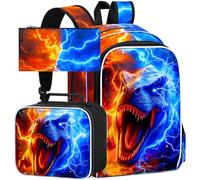gxtvo 3PCS Dinosaur Bookbag for Boys, 17" Kids Backpack with Lunch Box, Water Resistant Middle Elementary School Bag - Fire & Lightning T. rex