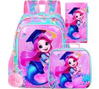 gxtvo 3PCS Girls Backpack, 16" Kids Bookbag with Lunch Box, Water Resistant School Bag for Elementary Prechool Toddler, Uv Printing Dr.mermaid Pink, One Size, Uv Printing Dr.mermaid Pink