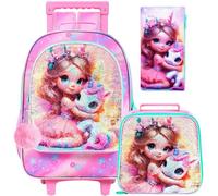 gxtvo 3PCS Girls Fairy Rolling School Backpack, Kids Sequin Wheeled Bookbag with Lunch Box, Water-Resistant Roller Bag for Elementary Preschool Toddler - Fairy Cradling Unicorn, Pink