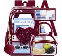 gxtvo 3PCS Girls See Through Backpack Heavy-Duty Set for Women & Teen, 17" Transparent Bookbag for with Luxurious Gold Zipper, Wine Red Sequins Clear School Bag