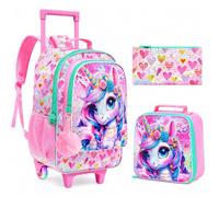 gxtvo 3PCS Girls Unicorn Rolling Backpack, Kids Sequin Wheeled Bookbag with Lunch Box, Water-Resistant Roller School Bag for Elementary Preschool Toddler - Unicorn with Braids, Pink
