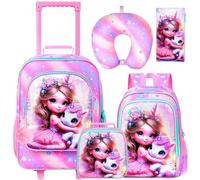 gxtvo 5PCS Girls Luggage Set with Wheels for Kids, Magical Fairy & Unicorn Rolling Carry-On Suitcase for Toddler Children
