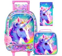 gxtvo Girls Rolling Backpack, Cute Unicorn Roller Wheels Kids Bookbag - Wheeled Elementary School Bag - 3PCS Unicorn