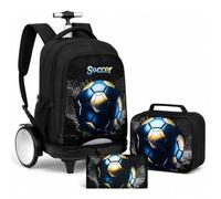 gxtvo Large Wheels & Quiet Glide | Rolling Backpack for Kids - Water-Resistant Wheeled Bag with Lunch Box for School, Travel & Outings - Black Gold Soccer