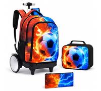 gxtvo Large Wheels & Quiet Glide | Rolling Backpack for Kids - Water-Resistant Wheeled Bag with Lunch Box for School, Travel & Outings - Fire & Lightning Soccer
