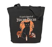 GXVUIS It's Just A Bunch Of Hocus Pocus Canvas Tote Bag for Women Halloween Black Cat Graphic Reusable Grocery Shopping Bags, Black, One Size