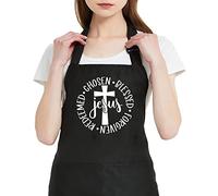 GXVUIS Jesus Apron for Women with 2 Pockets Christian Cross Waterproof Adjustable Bib Apron for Kitchen Cooking BBQ Grilling, Black, regular