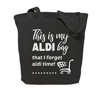 GXVUIS This Is My Aldi Bag That I Forget Aldi Time Canvas Tote Bag for Women Aesthetic Reusable Grocery Shopping Bags, Black, L