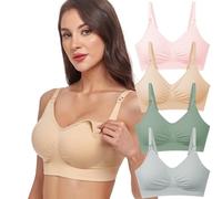 GXXGE 4Pack Nursing Bra for Breastfeeding Maternity Bras Push Up Silk Seamless Pregnancy Bralette Underwear, Alice Blue/Fair Green/Pink/Beige, S