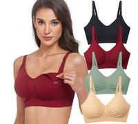 GXXGE 4Pack Nursing Bra for Breastfeeding Maternity Bras Push Up Silk Seamless Pregnancy Bralette Underwear, Black/Beige/Deepred/Fair Green, M