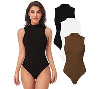 GXXGE Women's Mock Turtle Neck Sleeveless Tank Tops/Short Sleeve Bodysuit Leotard Clothing, Black White Coffee, Medium