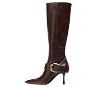 GXYHJVMFPSC High Heels Women's Knee High Boots Pointed Toe Stiletto Buckle Side Zipper Boots for Party Office Dress Shoes 8CM-brown Fleece-lined||37