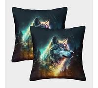 GXYUAOIEF Aurora Wolf Cushion Covers Set of 2 Night Forest Square Cushion Case for Sofa Bed with Smooth Invisible Zip Bedding 45x45cm