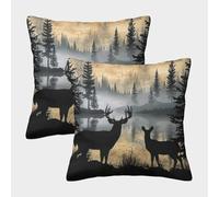 GXYUAOIEF Deer Herd Silhouette Cushion Covers Set of 2 Misty Forest Lake Square Pillowcases for Home Office Sofa Bedroom Car Garden with Smooth Invisible Zip Bedding 40x40cm
