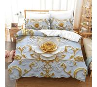 GXYUAOIEF Gold-white 3D Rose Duvet Cover 3-Piece 3D Printed Acanthus Scrolls Microfibre Bedding with 2 Pillow Cases Hidden Zipper For Girls Teens Double（200x200cm）