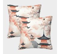 GXYUAOIEF Japanese Pagoda Cushion Covers Set of 2 Traditional Architecture Style Square Cushion Case for Sofa Bed Garden Outdoor with Smooth Invisible Zip Bedding 50x50cm