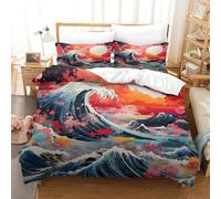 GXYUAOIEF Japanese Style Waves Duvet Cover 3 Pieces 3D Printed Ukiyoe Microfibre Bedding With 2 Pillowcases Zipper Closure For Girls Teens Single(140x200cm)