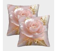 GXYUAOIEF Pink-gold Glass Rose Cushion Covers Set of 2 Pearl Embellishment Square Cushion Case for Sofa Bed with Smooth Invisible Zip Decorative Soft 50x50cm