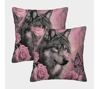 GXYUAOIEF Pink Rose Wolf Cushion Covers Set of 2 Butterfly Dance Square Cushion Case for Sofa Bed with Invisible Zipper Decorative Soft 50x50cm