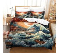 GXYUAOIEF Sea Wave Duvet Cover 3 Pieces 3D Printed Ukiyoe Sunset Microfiber Quilt Cover With 2 Pillowcases Hidden Zipper Room Decor Double(200x200cm)