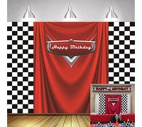 GYA 7x5ft Car Black White Grid Red Birthday Themed Backdrops Racing Flag Red Photo Backgrounds for Photography Happy Birthday Party Banner Photo Booth Props