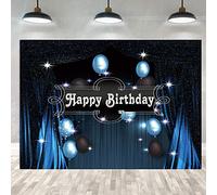 GYA Happy Birthday Party Backdrop Blue Black Starry Curtain Photography Background Blue Ballon Starry Stars Women Adult Baby Children Family Birthday Party Decor Photo Studio Booth (7x5FT(210x150cm))