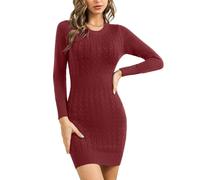 Gyabnw Knitted Bodycon Dresses for Women UK Winter Jumper Dress Party Wear Crew Neck Tunic Sweater Formal Casual Work Office Wine Red