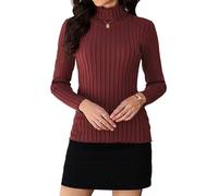 Gyabnw Knitted Jumpers for Women Long Sleeve Tops Elegant Cable Knit Turtleneck High Neck Sweater Party Top Winter Clothes WineRed